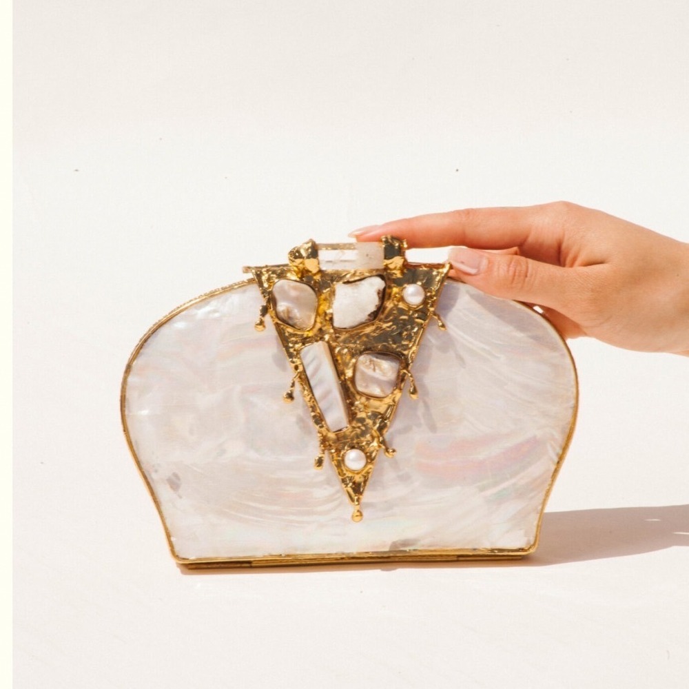 RAMLA La Perle Clutch Bag OS White Mother of Pearl Brass Jewel Embellished